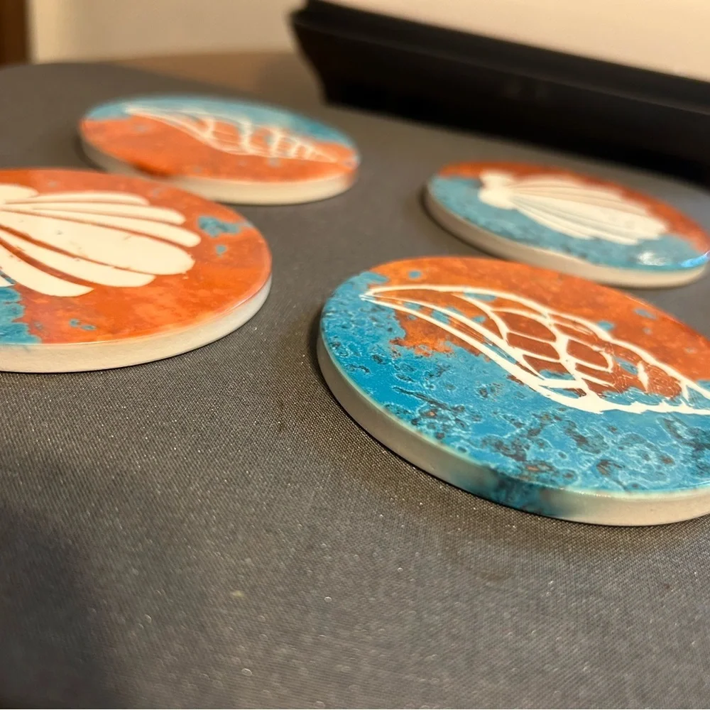 Seashell ceramic Coasters Set of 4 Blue orange‎ New
